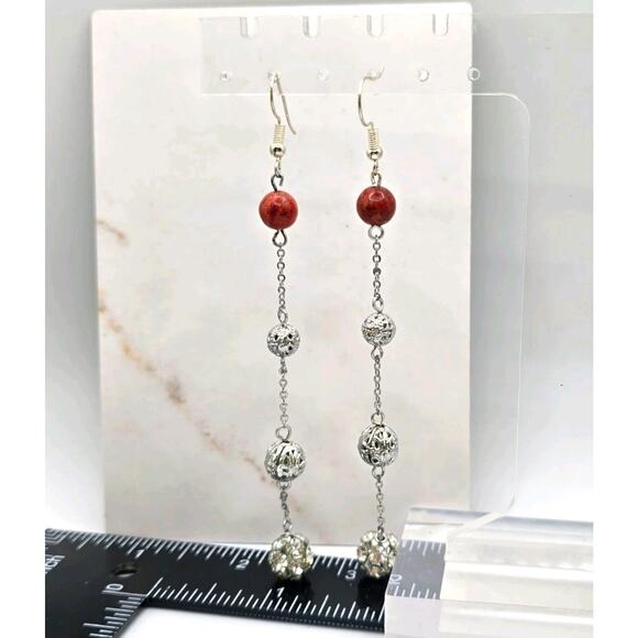 Artisan Shoulders Dusters Earrings Pierced Silver Tone Red Stone Like Beads - Picture 2 of 6